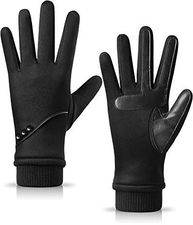 HOLDINA Damen Handschuhe Winter Warm, Wasserdicht Mit Rutschfestem Leder, Touchscreen Mit Fleece Gefüttert Zum Fahren, Laufen, Radfahren, Wandern (Schwarz-L)