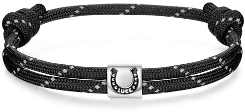 J.Endéar Bracciale Nautico Ferro di Cavallo per Uomo, Bracciale Argento 925 Donna Bracciale Paracord Surf, Gioielli Portafortuna per Ragazzo (Nero)