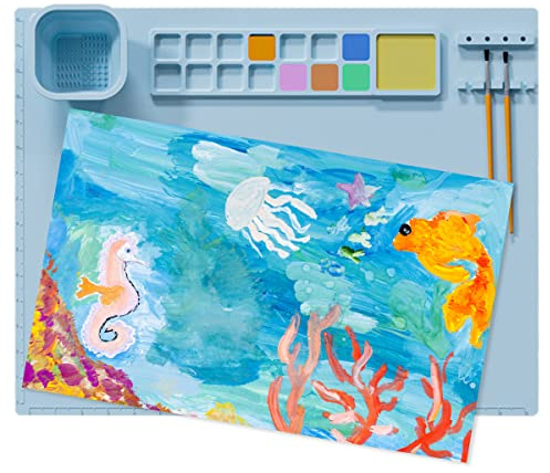 Tapis de peinture en silicone pour enfants, 50,8 x 40,6 cm, réutilisable avec porte-gobelet, feuille antiadhésive pour travaux manuels, aquarelle, découpe, création artistique, argile et projets de