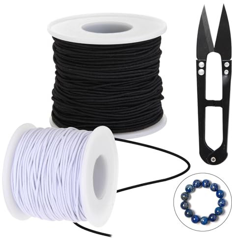 Lyfeesis Gummiband für Armbänder, 2 Rollen Elastisches Band für Armbänder, Band für Armbänder 1mm x 100 m, Schnur für Armbänder für Perlenschmuck Armbänder DIY Basteln (Schwarz, Weiß)