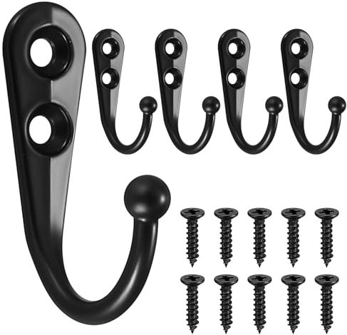XKQYX 5 Pcs Black Coat Hooks Wall Mounted, Black Coat Hooks for Wall Hooks for Hanging, Heavy Duty Metal Single Prong Door Hooks for Kitchen Bathroom Bedroom Bag Clothes Robe Hooks, with Screws
