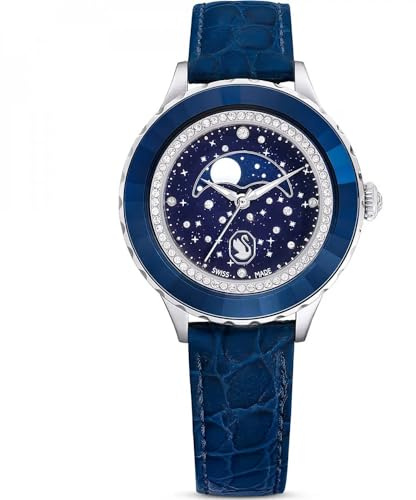 Swarovski Montre Octea Moon, Fabriqué en Suisse, Lune, Bracelet en Cuir, Bleues, Acier Inoxydable