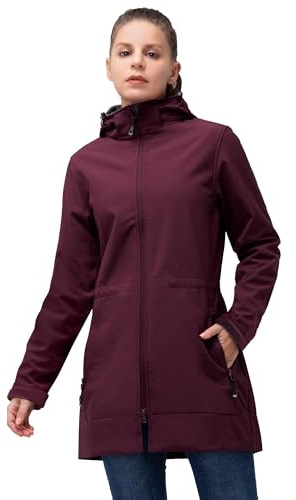 33,000ft Softshelljacke Damen Lange Übergangsjacke Leicht Softshellmantel | Wasserdicht Windbreaker, Frauen Warme Fleecejacke, 2-Wege Reißverschluss, Winddicht Wanderjacke mit Abnehmbarer Kapuze