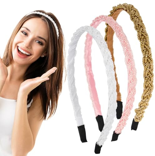 BOFUNX 3 Stücke Damen Haarreifen geflochten Haarband Perlen Stirnbänder Trachten Haarreif Haarschmuck für Oktoberfest Party