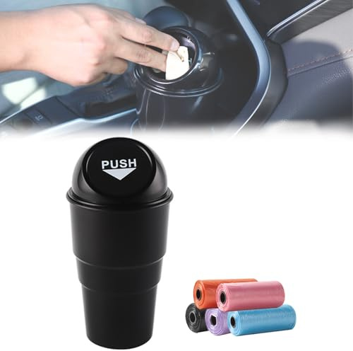 HIAHXC Car Bin with Lid, Small Black Plastic Car Trash Bin, 1.9L Capacity, Flip-Top Design, Cup Holder for Car, Office, Home