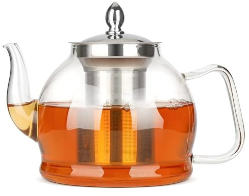 Spring Chef 1200ml/40.58oz Clear Glass Tea Pot with Infuser, Removable Infuser Tea Pot Handmade, Heat-Resistant Borosilicate Glass Teapot with Strainer