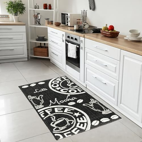 Teppich-Traum Tapis de Salon Tapis de Couloir Passage Couloir terrasse Grenier adapté aux Robuste Facile d'entretien Intemporel foncé avec Motif café Moderne en Noir Blanc, 80 x 200 cm