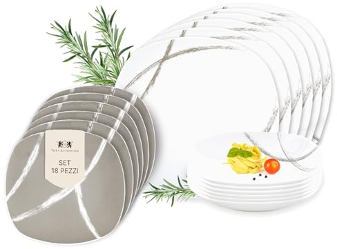 Villa Altachiara Servizio Piatti 18 Pezzi, Set Piatti 6 Persone in Porcellana Decorata, Toni Sabbia e Linee Sofisticate, Design Contemporaneo e Accogliente per Tavole di Stile – Linea Sandy