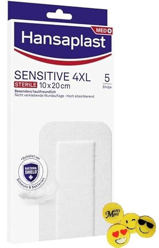 Hansa plast Sensitive 4XL - Pflaster 5 Strips in Größe 10 x 20 cm - sehr großer Wundverband mit gutem Halt, aber sanft wieder zu entfernen +gratis ManyMore Radierer