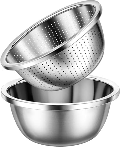 YC Kitchen Sieb Edelstahl, 28 cm mit Rührschüsseln, Sieb für Küchennahrung zum Waschen von Nudeln, Obst, Gemüse, Spülmaschinenfest (2 Sstück)