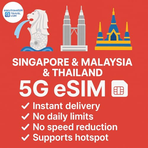 Singapur Malaysia Thailand eSIM | 5G High-Speed-Daten | Unterstützt Hotspot | 3 GB bis 50 GB | E-Mail-Zustellung (20 GB für 30 Tage)