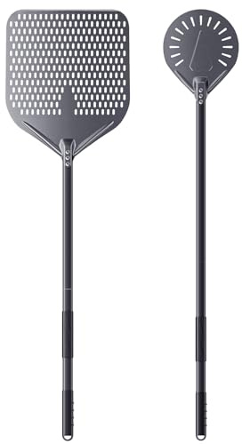NUTUNI 2er Set Pizzazubehör 14 Zoll / 35cm perforierter Schieber & 9 Zoll / 23cm Pizzaheber - Mit 120cm langen Stielen für perfekte Reichweite - Ideal für Ofen und als Geschenk