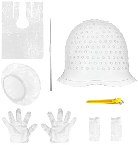 HAMKU Set Cuffia Meches Silicone Preforata con Guanti Pettine Gancio Tinta Fai Da Te Capelli Donna Uomo Strisce Evidenziate Decolorazione Parrucchiere Salone Casa Accessori