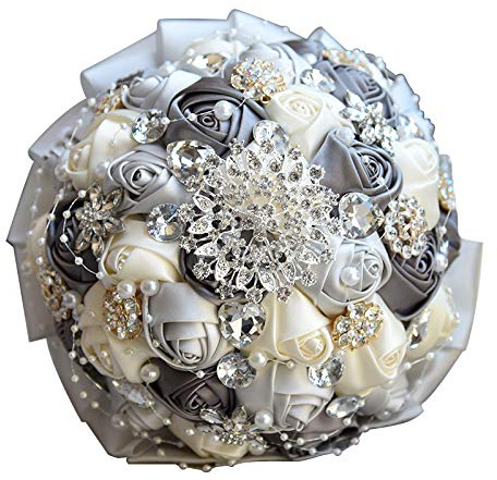 SUXUMHAO Bouquet da sposa in raso con spilla fatta a mano, bouquet da sposa rotondo in cristallo, mazzo di fiori artificiali, grigio