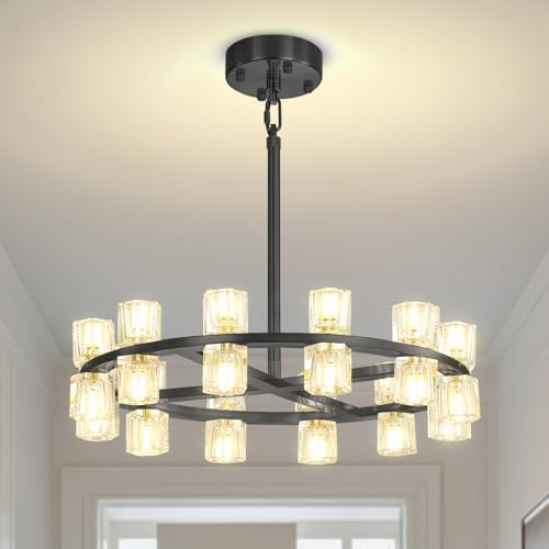 Shial Lighting D24 Black Wagon Wheel Chandeliers Modern 24-Lights Black Round Chandelier Small Chandeliers for Dining Room,Living Room Vintage Chandelier for Foyer Hallway
