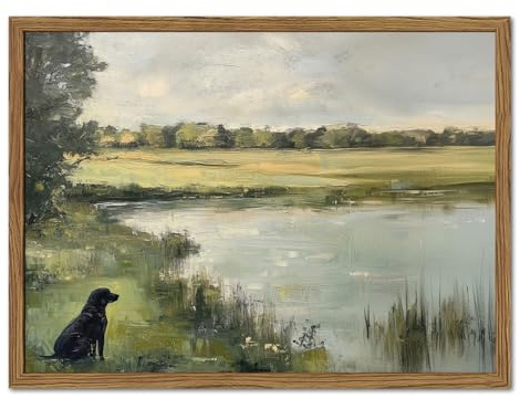 Framed Vintage Hunting Black Dog Wall Art, Rustic Country Nature Landscape Pictures Wall Decor, Farmhouse Animal Paintings Canvas Prints Aesthetic Home Decor for Living Room Bedroom 12x16 inch