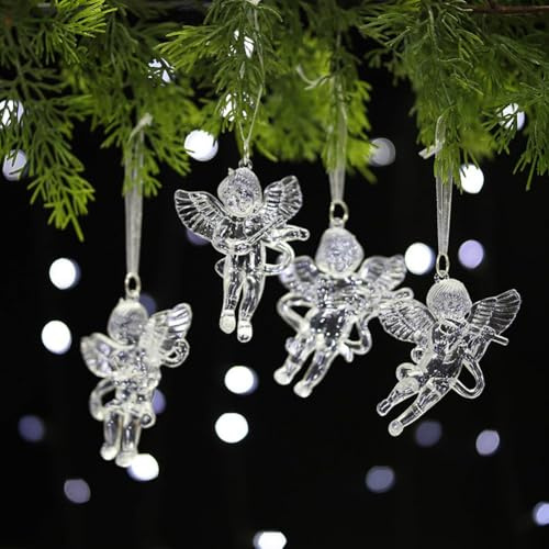 Weihnachtsbaumschmuck – 4 transparente Acryl-Engel-Dekorationen mit zarten Flügeln und Musikinstrumenten, elegante Hängedekoration für den Weihnachtsbaum oder das Zuhause