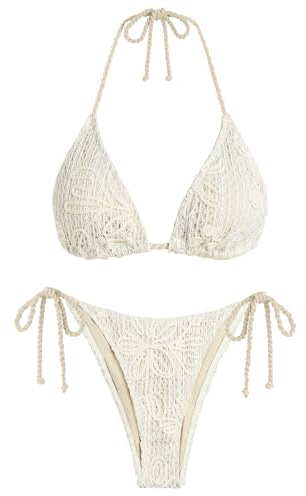 ZAFUL Crochet Triangle Bikini Halter Sting Bikinis Cute Cheeky Two Piece Swimsuit Sexy Bathing Suit for Women 2026 Beige