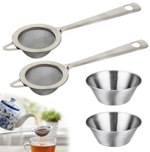 MADGININE 2 Pcs Tea Strainer with 2 Pcs Drip Bowl, Stainless Steel Mini Sieve with Handle, Strainers Fine Mesh for Loose Tea Cocktail Spices and Baking