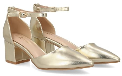 99404 Zapato de Tacon Medio para Mujer con Diseno Elegante y Punta Fina, Cierre de Hebilla. Tacon Ancho y Comodo, Ideal Diario u Ocasiones Especiales. Talon Cerrado. Oro Talla 37
