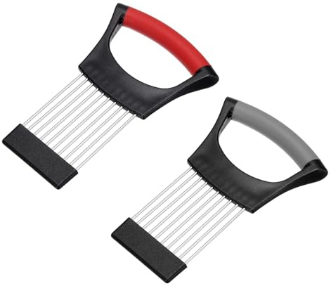 QUARKZMAN 2 Pezzi Supporto Per Affettare Cipolle, Supporto Per Tagliare Verdure In Acciaio Inox Utensile Per Affettare Cipolle Pomodori Patate Avocado Mele, Nero Rosso/Nero Grigio