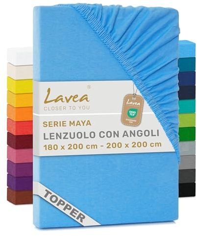 Lavea® Sábana Bajera Ajustable para Topper 180x190/200 cm – Jersey 100% Algodón – para Colchones hasta 10 cm – Elástico Perimetral – Certificado Oeko-Tex – Azul Cielo