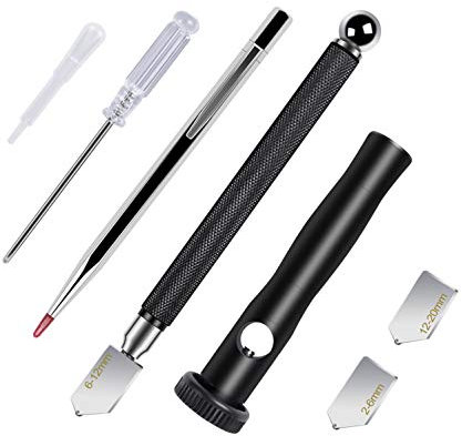 Kalawen Glasschneider für 2-20 mm Glas Cutter mit Ergonomischer Griff Professionelle Glas Schneider Diamantschneider mit 3 Glasschneidkopf Öltropfer und Schraubendreher, für Glass Akkurate Schnitte