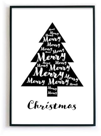 Weihnachtsdeko Poster - Merry Christmas Baum Bild in Schwarz Weiß als weihnachtliche Wohndeko, Deko für Weihnachten, Weihnachtsbaum Wandbild optional mit Bilderrahmen