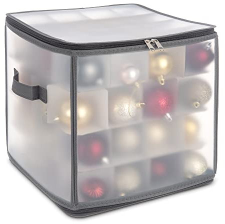 LIVIVO Christmas Bauble and Decoration Storage Cube with Padded Dividers for 64 Xmas Ornaments – Heavy Duty Folding 4 Layer Holder with Separators, Zipped Lid and Handles (Grey)