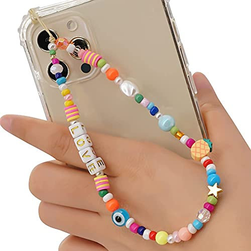Handykette Perlen Handyanhänger, Handy Lanyard Perlen Kette für Handy Acryl Telefon Anhänger Seil Böhmen Stil Bunte Perlen Telefon Kette Strap für Frauen Auto Schlüsselanhänger