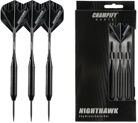 Champify® Messing Darts Set “Nighthawk” mit 23g Barrel und Stahlspitze | 3 Dartpfeile mit 6 Schäften & Flights | inkl. weiteres Zubehör | Dartpfeile mit Stahlspitzen ideal für Dart Anfänger