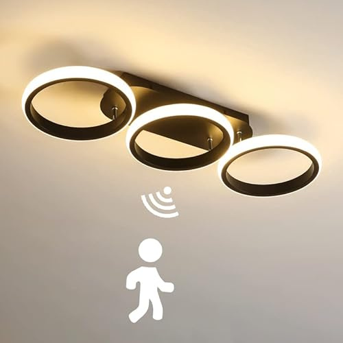 Plafonnier LED avec Détecteur de Mouvement Intérieur Lampe de Plafond de couloir moderne éclairage de Plafond avec capteur lumière du jour Pour cuisine balcon Garage véranda salon chambre, noir, 3000K