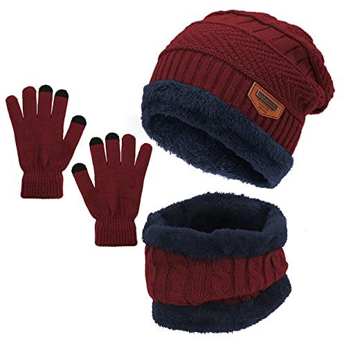 Durio Kinder Mütze Schlauchschal Handschuhe Mütze Set Wintermütze mit Fleece Gefütterte Strickset für Jungen und Mädchen