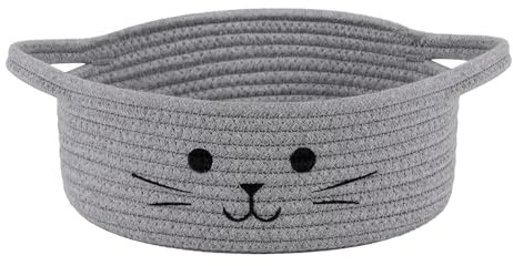 HiChen Kleiner Aufbewahrungskorb aus gewebtem Seil, niedlicher Katzenspielzeugkorb für Wohnzimmer, Babykorb für Kinderzimmer, Geschenkkorb leer für Babyparty, Grau, 24,9 x 10,2 cm