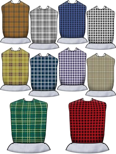 Janmercy 10 Pcs Adult Bib for Eating Washable Waterproof Clothing Protector with Crumb Catcher Reusable Adjustable Large Bibs for Men Elderly Women Senior, 35 x 18 Inch Assorted Plaid Patterns Multi