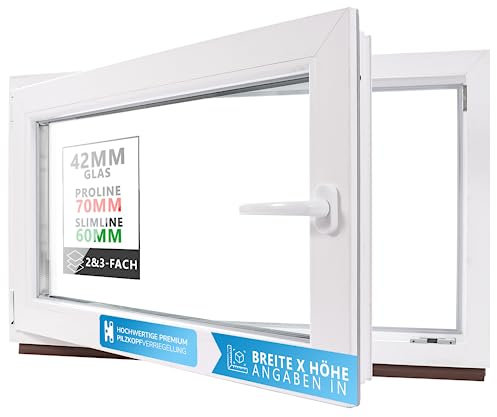 Kellerfenster Kunststofffenster weiß, BxH: 50 x 50 cm / 500 x 500 mm 3-fach Verglasung (32 mm) Dreh-Kipp inkl. Pilzkopfverriegelung, DIN Rechts (Griff Links), 60 mm Profil