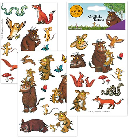 KarnevalsTeufel Tattoos Grüffelo Hautaufkleber Geschenkidee Geburtstag Give Away, 3 Bögen ca. 30 Einzel Tattoos Abziehbilder, einfache Anwendung, leicht ablösbar