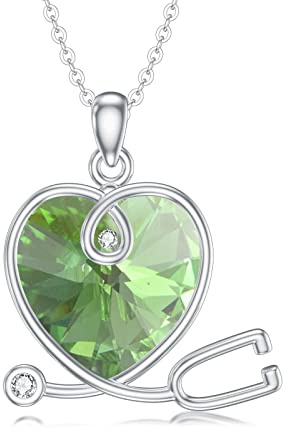 SLIACETE 925 Silber Stethoskop Herz Geburtsstein Halskette für Frauen Herz Österreichischer Kristall Anhänger Kette Stethoskop Schmuck Geschenke für Krankenschwestern Ärzte Medizinstudent, August