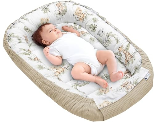 Medi Partners Riduttore Lettino Neonato - 100x60x15 Nido Antisoffoco Neonati Bozzolo Culla per Bebè neonata bilaterale Cuscino 100% Cotone Waffle (Safari di Waffle marroni)