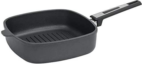 SKK große Aluguss Grillpfanne 26x26 cm - ohne Induktion - viereckige Antihaft Steakpfanne gerippter Pfannenboden - Made in Germany