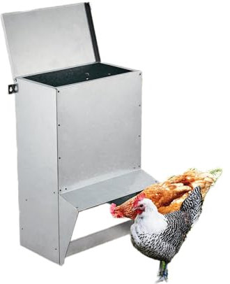 Domenow Verzinkter Hühnerlauf-Futterspender Geflügel Futterspender 50 Pfund Automatischer Hühnerfutterspender mit Seitenpuffersystem für 30-40 Hühner