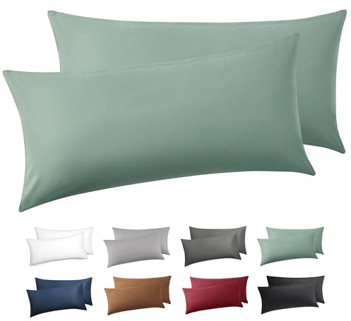 BEDSURE Kissenbezug 40x80 2er Set - 100% Baumwolle Kopfkissenbezug Grasgrün | Kopfkissenbezug 40 x 80 mit Reißverschluss, Kissenhülle Weich Sicher Atmungsaktiv, Hautfreundlicher Komfort, OEKO-TEX Cert.