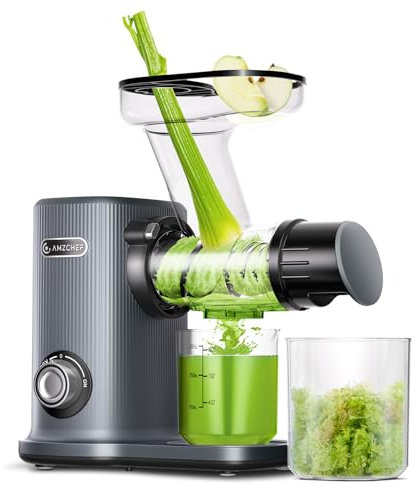 AMZCHEF Juicer Compacto Con Dos Modos De Alimentación Para Uun Uso Fácil - Extractor De Zumos Y Verduras De Alta Tecnología Con Masticación Inversa Y Un Rendimiento De Zumo Ultra Alto - Roas