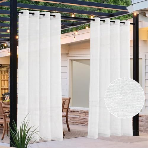 FASCINATDECO Outdoor Vorhang Wetterfest Halbtransparent Outdoorvorhänge Gardinen Wasserdicht Vorhänge Dekoschal Voile Vorhänge für Terrassentür Pavillon, 213x132 cm, Weiß, 2er Set