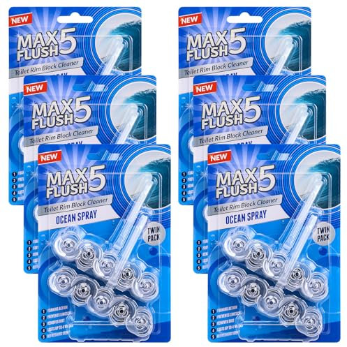 6 Pack Max Flush 5 Ocean Spray Toilet Rim Block Cleaner (Twin Pack), Clear Water Toilet Rim Block with Anti-Limescale, Cleaning Foam, Dirt Protection and Extra Freshness