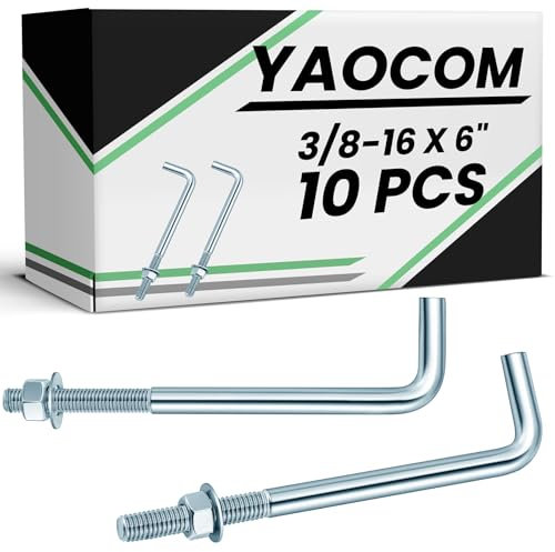 Yaocom 10 Pcs J Bolt Galvanized Anchor Bolts Galvanized Concrete Fastener Concrete Cement Post Anchor with Nuts and Washers for Foundation Wall Hardware Brick Projects, Gray (3/8-16 x 6)