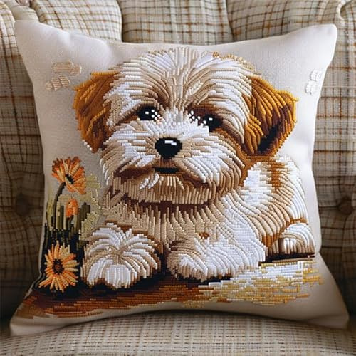 kitphoenix Knüpfen Set Erwachsene Kissen Tier Hund Latch Hook Kissen Kit für Kinder oder Anfänger Erwachsene zum Selber Knüpfen, DIY Knüpfteppich Knüpfpackung, Knüpfhaken Set 43 x 43 cm