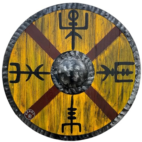 EXNOT Wikinger Schild Wanddekoration, 61 cm, gelbes und braunes Holzdesign, authentisches königliches Haar, Wikingerschlachten, Wandmontage, handgefertigt, antikes Finish
