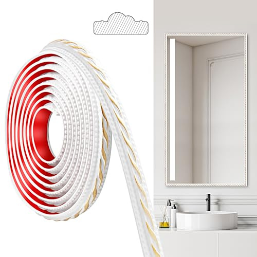JUNART PVC Moldings Trim, 300cm×2cm, Peel and Stick Self-Adhesive, Coving for Ceilings, Wall Moldings for Wall Edge, Mirror Frames, Ceiling, Skirting Boards, Cabinet(White Gold)