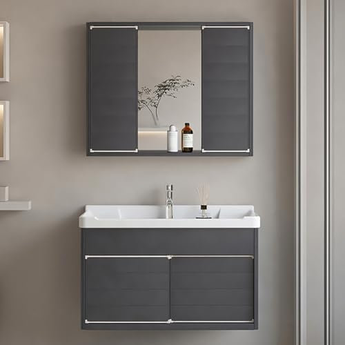 Gtzly Waschbecken mit Unterschrank, Praktisches Keramikwaschbecken mit Spiegelschrank, Freistehender Badezimmer-Waschtisch Zur Wandmontage for Badezimmer, WaschküChe, Wohnzimmer, Balkon(Grau,70CM)
